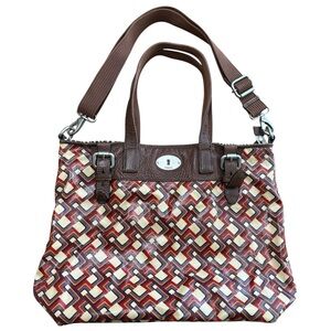 Fossil Keyper Coated Canvas Geometric Shoulder Bag Brown Leather Trim